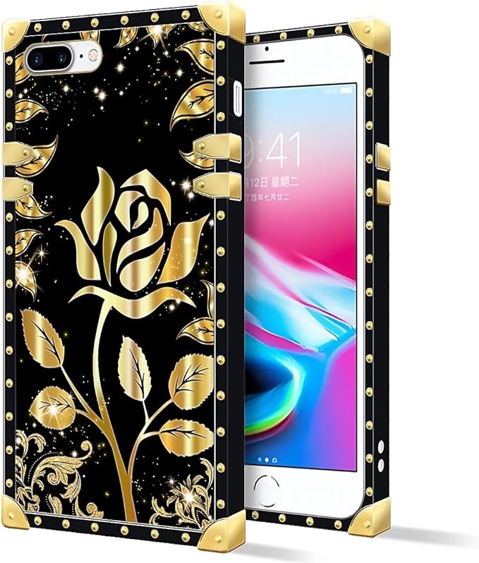 Compatible with iPhone 8 Plus 7 Plus Case, Shine Gold Rose Luxury Golden Decoration for Girl Women Soft TPU Shockproof Protective Hard PC Back for iPhone 8 Plus 7 Plus