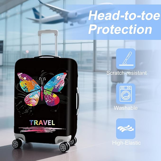 ANNA QUEEN Colorful Butterfly Travel Luggage Cover -Stretchable Airplane Suitcase Protector Sleeve,Universal Washable Fit for 20-26 Inch Checked Baggage,Water Resistant Durable Luggage Protector