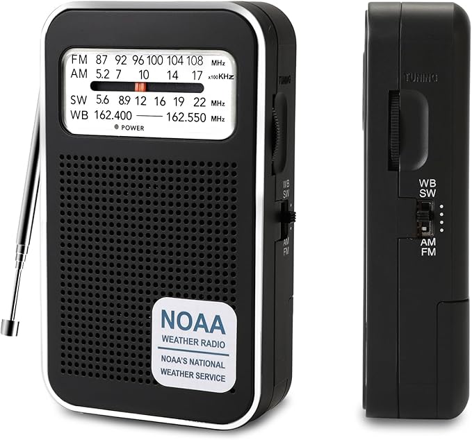 Portable Personal NOAA Weather Radio, 4-Band AM/FM/SW/WB Emergency Transistor Radio, Best Reception, Long Antenna, Dual Power, Type-C & 3.5mm Headphone Jack for Hurricane Camping Daily