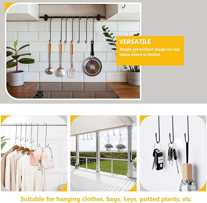 Dpyrrhic 6 Pack 10 Inch Large S Hooks for Hanging Plants,Black Extra Matel Heavy Duty Hook for Hang Brsket,Bird House,Clothes,Kitchenware