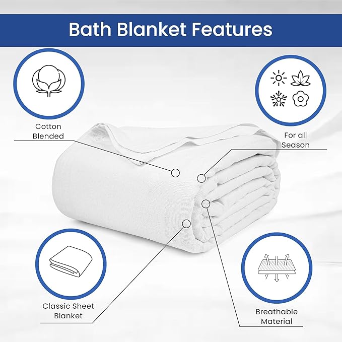 Linteum Textile Cotton Blended Hospital Patient Bath Blanket, Bed Bath Sheet, Twin Blanket Lightweight Sheet Blankets 70x90 in, 1.75 lb. White