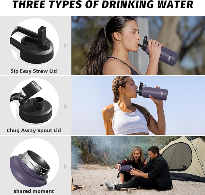 32oz Insulated Water Bottle (Cold for 48 Hrs),BPA Free&Leak Proof,Stainless Steel Water Flask,Water Jug with Straw Spout Lids for Gym,Hiking,Purple