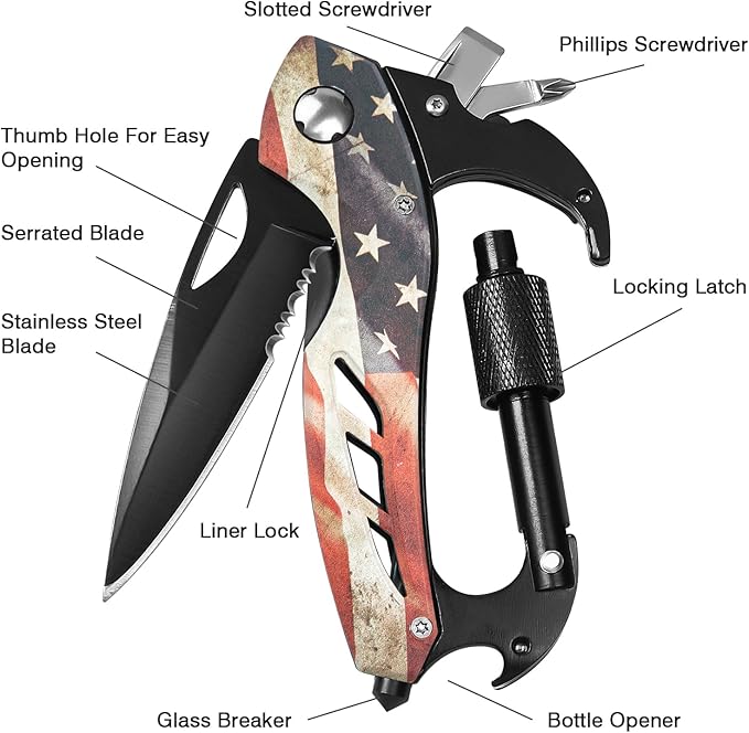 FUNBRO Multitool Carabiner Knife Tools for Men, Cool Gadgets Survival Gear with Folding Knives, Bottle Opener, Window Breaker and Screwdriver for Hiking Camping, 7-in-1 EDC Multi Tool (USA Flag)