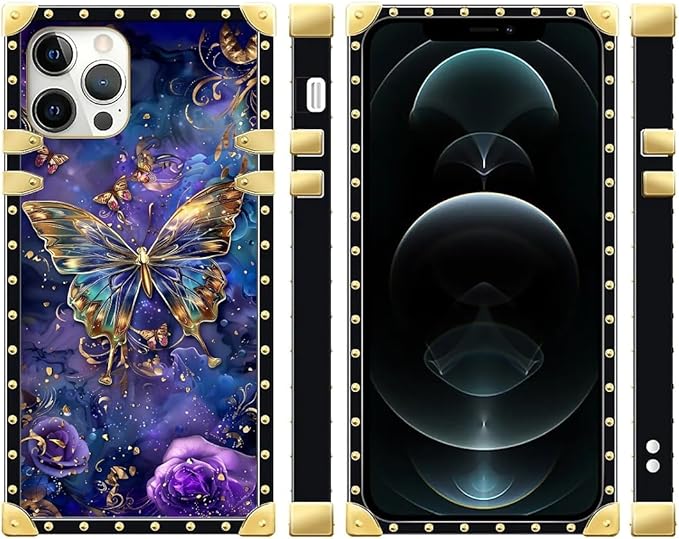 Compatible with iPhone 12 Pro Max Case, Glistening Golden Butterfly Vibrant Purple Blue Luxury Golden Decoration for Girl Women Soft TPU Shockproof Protective Hard PC Back