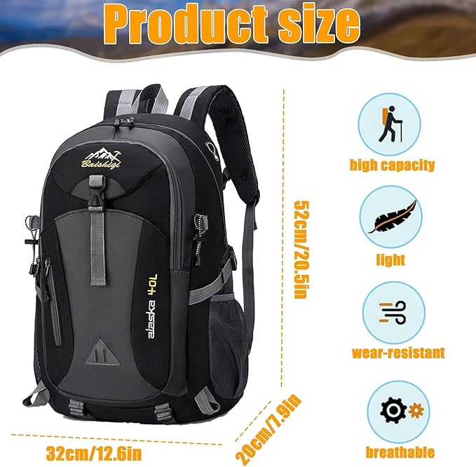 40L Hiking Backpack, Lightweight Daypack for Men Women, Polyester Rucksack, Breathable Backpack with Multi Pockets for Camping Walking Commuting Outdoor Short Trips - Black