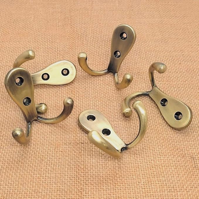 FAPBADRI Multipurpose Hooks, Used to Hang Clothes, Bags, Coats, Curtain Hold Backs, Keys, Colour - Antique Gold, Material - White Metal, Screws and Wallplugs Included, Pack of 10 Pieces