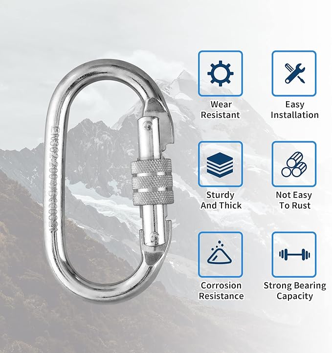Oval Indoor Outdoor Climbing Carabiner, 25 KN (5600 LBS) Screw Locking Heavy Duty Safety Caribeener Clips for Hammock, Rope, Hiking, Camping