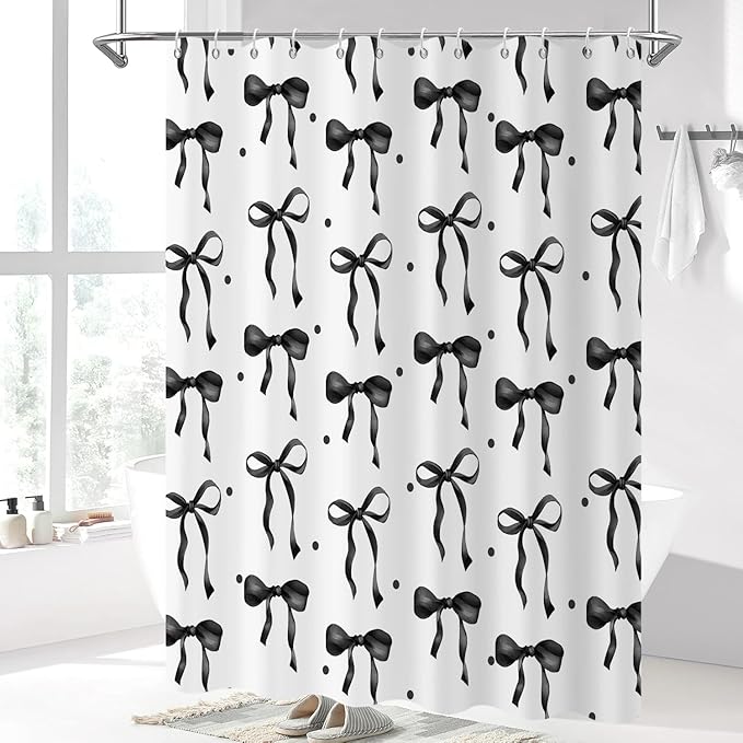 Black Bow Shower Curtain, Black and White Modern Aesthetic Bowknot with Polka Dot Cute Girly Bathroom Curtain Waterproof Fabric Machine Washable with Hooks, 60" Wx72 L
