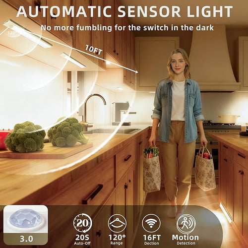 10inch Under Cabinet Lighting, 4 Pack Rechargeable Motion Sensor Light Indoor, Wireless Dimmable Magnetic Closet Lights, 40 LED Under Counter Lights for Kitchen, Wardrobe, Stairs, Warm Light