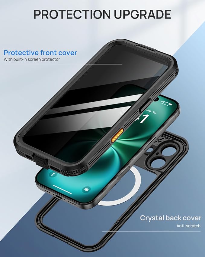 Lanhiem Magnetic for iPhone 16 Plus Waterproof Case, Built-in Privacy Screen Protector, Compatible with MagSafe, Anti-Spy Full Body Phone Case for iPhone 16 Plus 6.7", Black