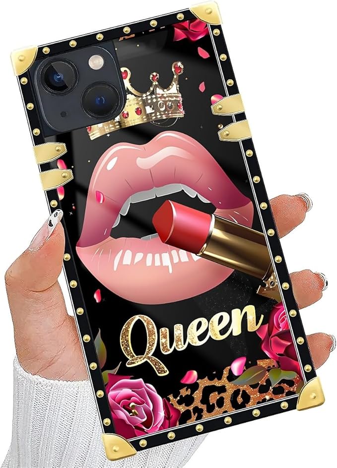 Compatible with iPhone 13 Case, Glitter Red Rose Queen Leopard Lipstick Luxury Golden Decoration for Girl Women Soft TPU Shockproof Protective Hard PC Back for iPhone 13