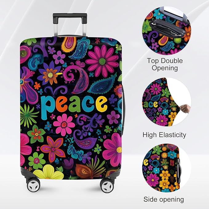 ANNA QUEEN Peace Flowers Travel Luggage Cover -Spring Stretchable Airplane Suitcase Protector Sleeve,Universal Washable Fit for 32-34 Inch Checked Baggage,Water Resistant Durable Luggage Protector