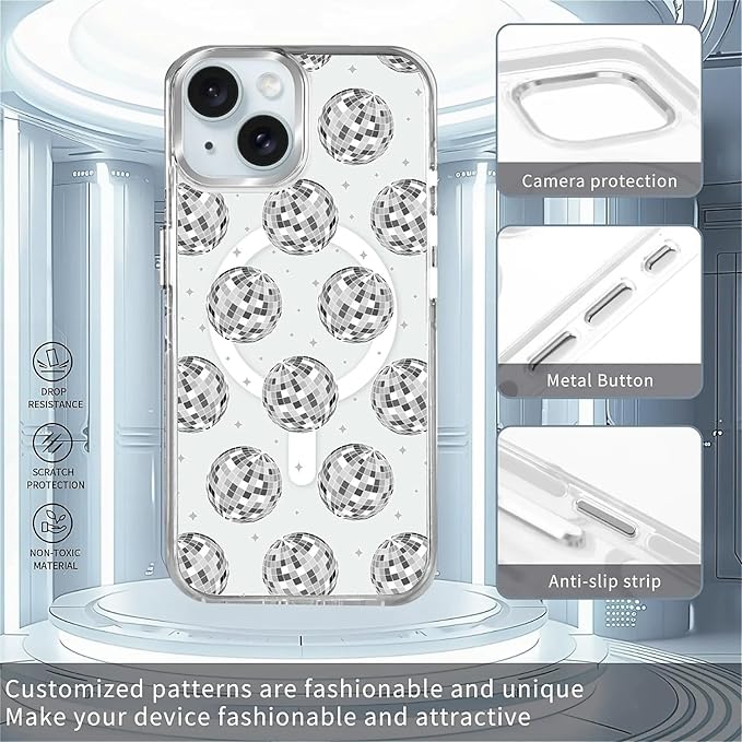 Case for iPhone 13/14,[Compatible with MagSafe],Disco Ball Grayish White Phone Case Design，for Women Girls Magnetic Clear Cover - Slim, Sleek, & Shockproof Protection