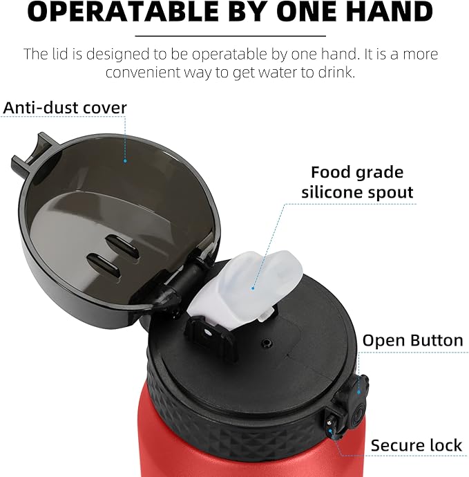 Fanhaw 24 oz Insulated Stainless Steel Water Bottle with Straw Lid, Leakproof & Anti-Dust Sports Bottle for Kids, Women & Men (Red)