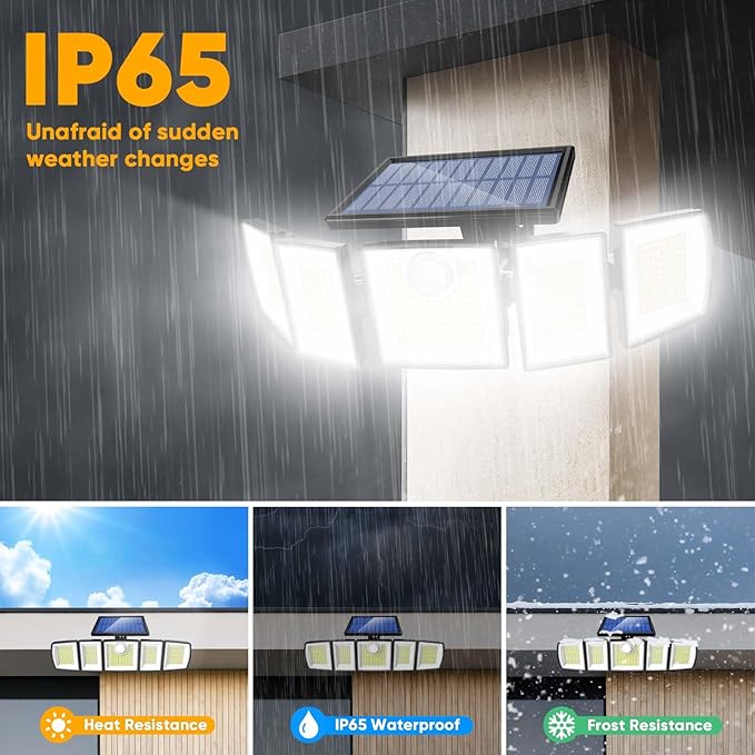 MDCMDCM Outdoor Solar Light Motion Sensor Waterproof - 3000 Lumens 3 Modes 416 LEDs 32ft 2400mAh 5 Heads Security Lights Flood Lights with Remote for Patio Yard Pool Outside （Wireless, 3p）