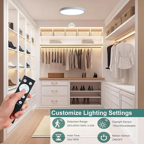 12 Inch Motion Sensor LED Ceiling Light Wired,Closet Lights Motion Activated Sensor Light Indoor with Remote, Modern Flush Mount Ceiling Light Fixture for Hallway Laundry Stairs White