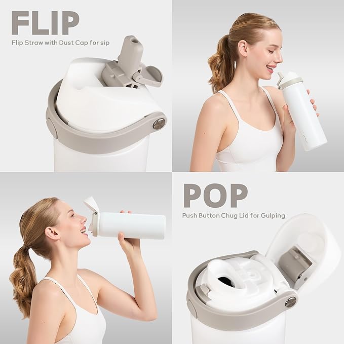24 oz Insulated Water Bottle with Straw, Stainless Steel Water Bottle with 2-in-1 Push-Button Spout & Quick-Flip Straw, Fits Car Cupholder, Leakproof, for Gym, Travel, School, Camping, White