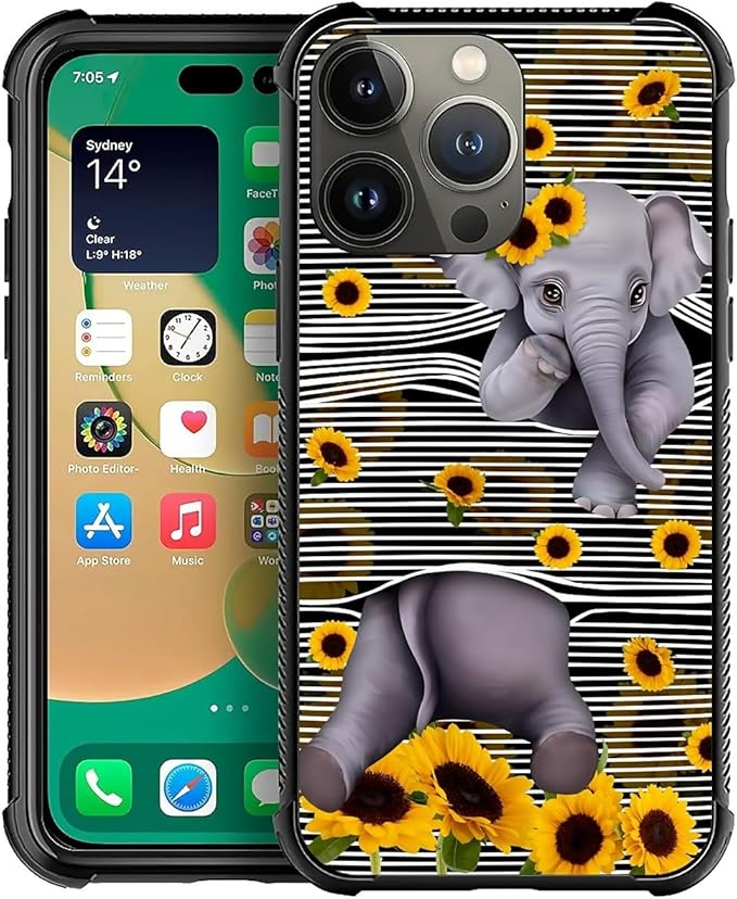 for iPhone 13 Pro Max Case, Cute Little Elephant Sunflower White Line Art Pattern Graphic Design Girl Boy Soft Silicone Hard Acrylic Shock Protection for iPhone 13 Pro Max