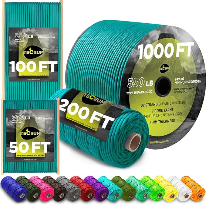 TECEUM Reflective Paracord Rope 1000 – 1000ft/200ft/100ft/50ft – 40+ Colors – Glow in The Dark – para Cord – Utility Rope for Survival, Hunting & Camping Gear – Nylon String, Camping Rope, Tent Cord