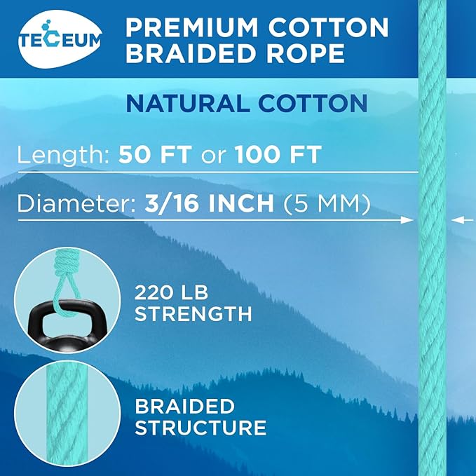TECEUM Cotton Rope 3/16” (5 mm) – 100 FT – Strong All-Purpose Braided Rope – Natural Cotton – for Crafting, Сamping, Clothes Line, DIY, Indoor & Outdoor Use – Turqouise
