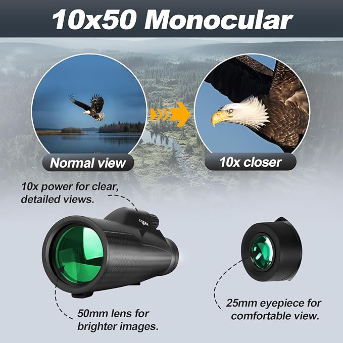 BIJIA 10x50 Monocular Telescope – True 10x Steady Handheld Scope with Phone Adapter & Tripod for Clear Long-Distance Bird Watching, Travel & Outdoor Viewing
