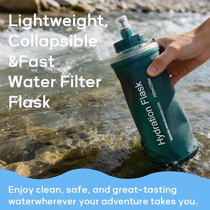 700ml Soft Flask Water Bottle, Collapsible Water Bottle with Filter, Perfect for Hiking, Backpacking, and Camping - Dark Green