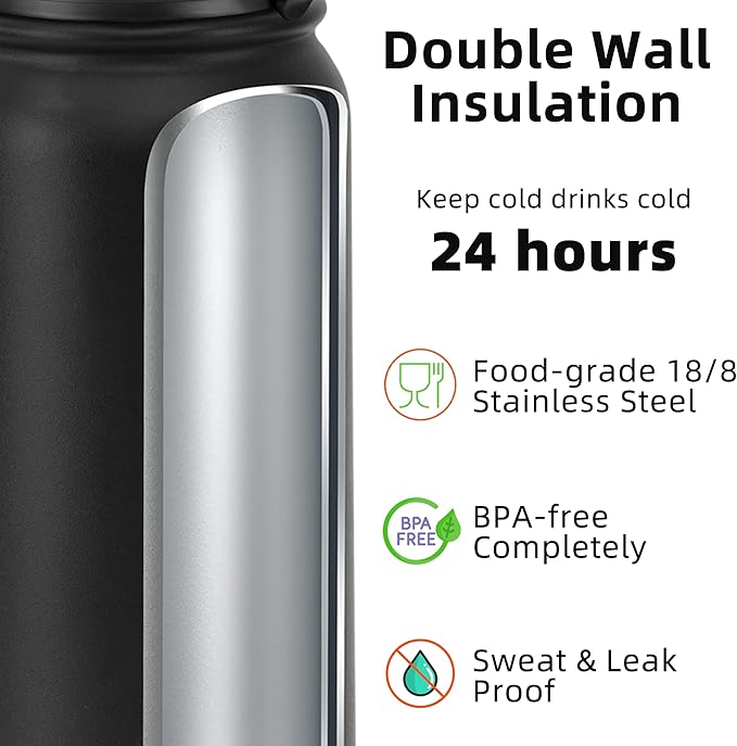 Fanhaw 32 oz Insulated Stainless Steel Water Bottle with Straw Lid, Leakproof Sports Bottle for Men, Women & Teens (Black)