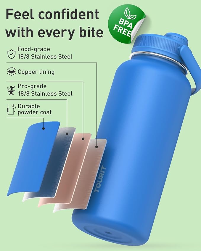 TOURIT 24 oz Insulated Water Bottle, Stainless Steel Sports Water Bottles With Top Handle, Double-Wall Travel Thermal Water Flask, BPA Free Leakproof Water Bottle for Sports and Travel,Khaki