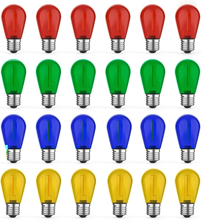 GvvooHome 24 Pack S14 Colored LED String Light Bulbs, 1W Plastic Shatterproof Replacement Bulbs for Outdoor Patio Backyard Lights, E26 Medium Base, Warm White 2200K, Dimmable, Red/Green/Blue/Orange