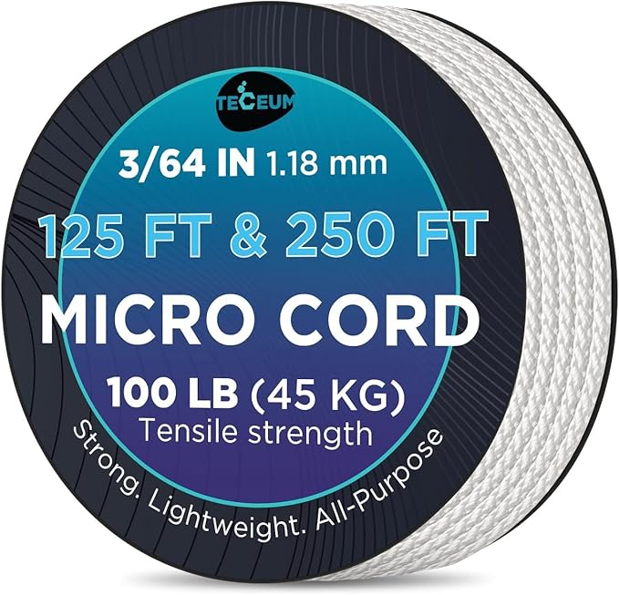 TECEUM Micro Paracord – 1.18 mm X 125 ft – Micro Utility Cord – Thin Braided Paracord Rope – Best for Crafting, DIY Projects, Fishing, Camping – Wind Chime Replacement – Survival Strong String