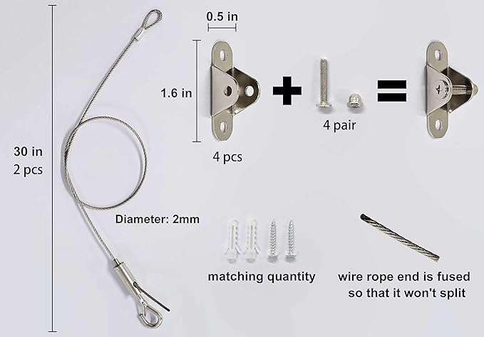 2 Sets Adjustable Hanging Wire Kit, Stainless Steel Multipurpose Suspension Wire Cable with Hook, Heavy Duty Anchor for Furniture, Light, Lamp, Picture, Mirror Secure to Wall or Ceiling, 30in