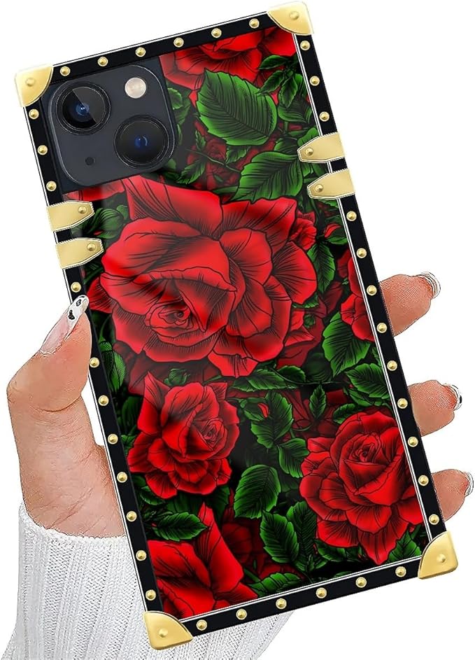 Compatible with iPhone 13 Case, Vector Red Rose Green Leaf Luxury Golden Decoration for Girl Women Soft TPU Shockproof Protective Hard PC Back for iPhone 13