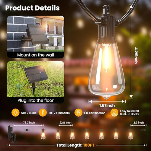 100FT Solar String Lights Outdoor Waterproof IP65 with USB-Charging , Solar Powered LED Patio Lights with 50+2 Shatterproof ST38 Edison Bulbs, Hanging Lights for Outside Backyard Garden Bistro Gazebo