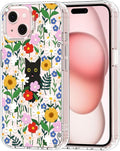 MOSNOVO Case for iPhone 15, [Buffertech 6.6ft Military-Grade Drop Protection] [Anti Peel Off Tech] Clear TPU Bumper Phone Case Cover Design - Black Cat in Garden