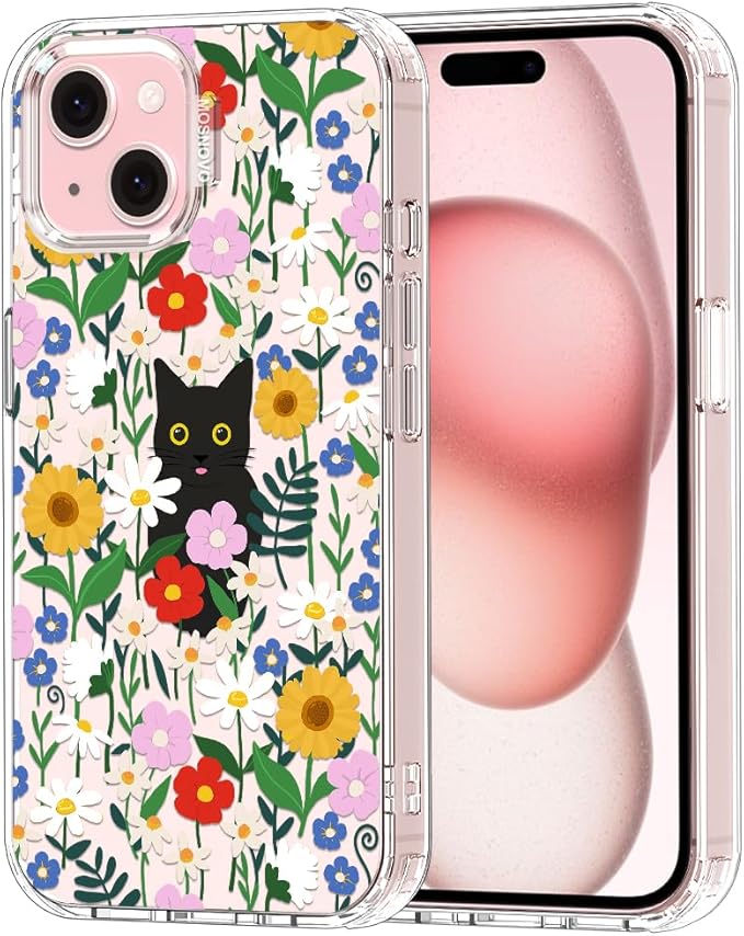 MOSNOVO Case for iPhone 15, [Buffertech 6.6ft Military-Grade Drop Protection] [Anti Peel Off Tech] Clear TPU Bumper Phone Case Cover Design - Black Cat in Garden
