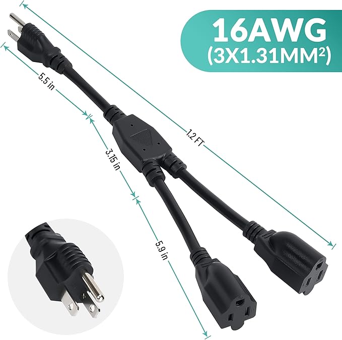 Elecan 3-Prong Y Splitter Power Extension Cord 1 FT, Straight Plug 1 to 2 Way Outlet Space Saver, Heavy Duty Weatherproof SJTW, 16AWG 13A, 5-15P Cable Extender for Indoor Outdoor-UL