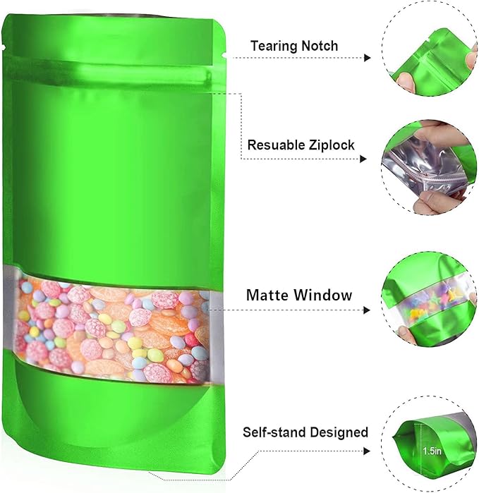 5.5"x7.8" 120pcs Mylar Bags for Food Storage,Smell Proof Bag with Matte Window Resealable Food Storage Bags for Small Business, Stand-up Foil Pouch Packaging Freeze Dried Candy Bag（Green）