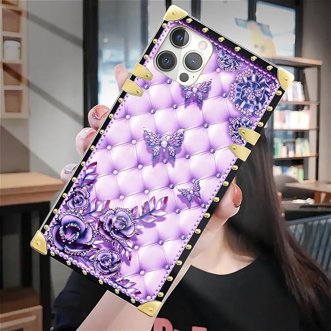 Compatible with iPhone 12 Case, Purple Butterfly Flowers Leaf Luxury Golden Decoration for Girl Women Soft TPU Shockproof Protective Hard PC Back for iPhone 12 Pro