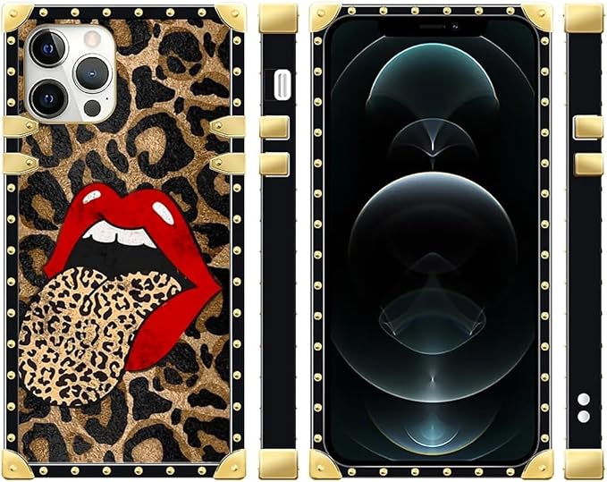 Compatible with iPhone 12 12 Pro Case, Brown Leopard Print Mouth Luxury Golden Decoration for Girl Women Soft TPU Shockproof Protective Hard PC Back for iPhone 12 12 Pro
