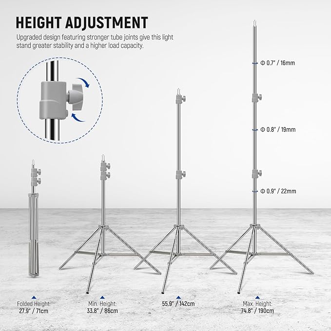 NEEWER Upgraded 75"/190cm Light Stand Stainless Steel Spring Loaded, Foldable Photography Tripod Stand with Stronger Tube Joints for Strobe Softbox LED Ring Light, Max Load 13.5lb/6.5kg, ST-190SS