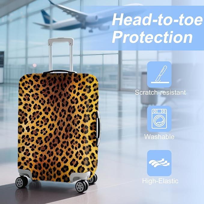 ANNA QUEEN Vintage Leopard Pattern Travel Luggage Cover -Stretchable Airplane Suitcase Protector Sleeve,Universal Washable Fit for 32-34 Inch Checked Baggage,Water Resistant Durable Luggage Protector