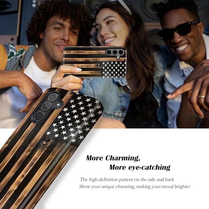 Compatible for Samsung Galaxy S25 Plus 5G Case, Dual Layer Heavy Duty 2 in 1 Shockproof Protective Phone Case,Burnt Wood American Flag