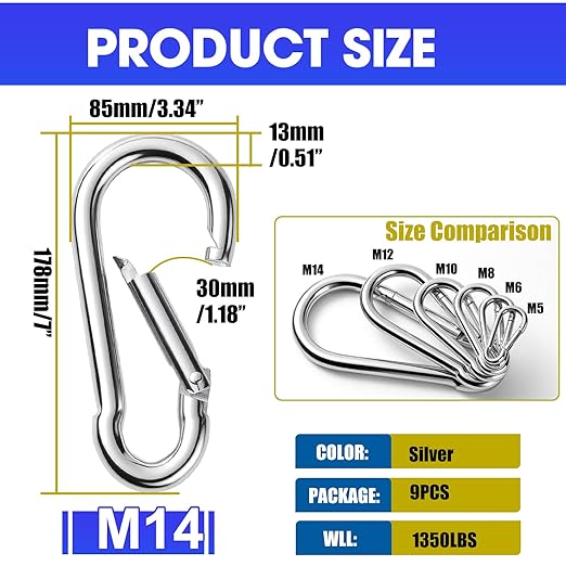 9Pack 7 Inch Spring Snap Hooks, Heavy Duty Carabiner Clips for Swing, 14MM 5/9” Quick Chain Link Buckle Clip Keychain Carabiners for Hammock Fitness Gym Boating-1350lbs Capacity