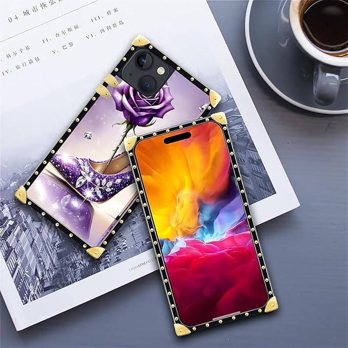 Compatible with iPhone 15 Case, High Heeled Purple Diamond Rose Luxury Golden Decoration for Girl Women Soft TPU Shockproof Protective Hard PC Back for iPhone 15