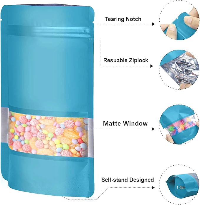 7.1"x10.2" 1 Quart 120pcs Mylar Bags for Food Storage,Smell Proof Bag with Matte Window Resealable Food Storage Bags for Small Business, Stand-up Foil Pouch Packaging Freeze Dried Candy Bag(Blue)