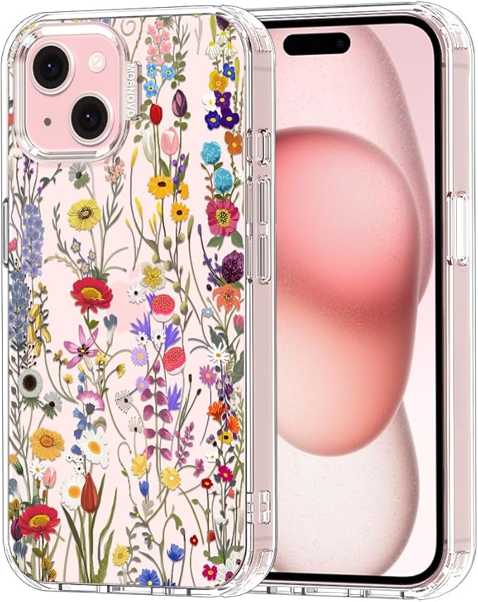 MOSNOVO Case for iPhone 15, [Buffertech 6.6ft Military-Grade Drop Protection] [Anti Peel Off Tech] Clear TPU Bumper Phone Case Cover Design - Wildflower Meadow