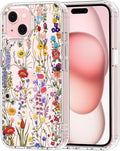MOSNOVO Case for iPhone 15, [Buffertech 6.6ft Military-Grade Drop Protection] [Anti Peel Off Tech] Clear TPU Bumper Phone Case Cover Design - Wildflower Meadow