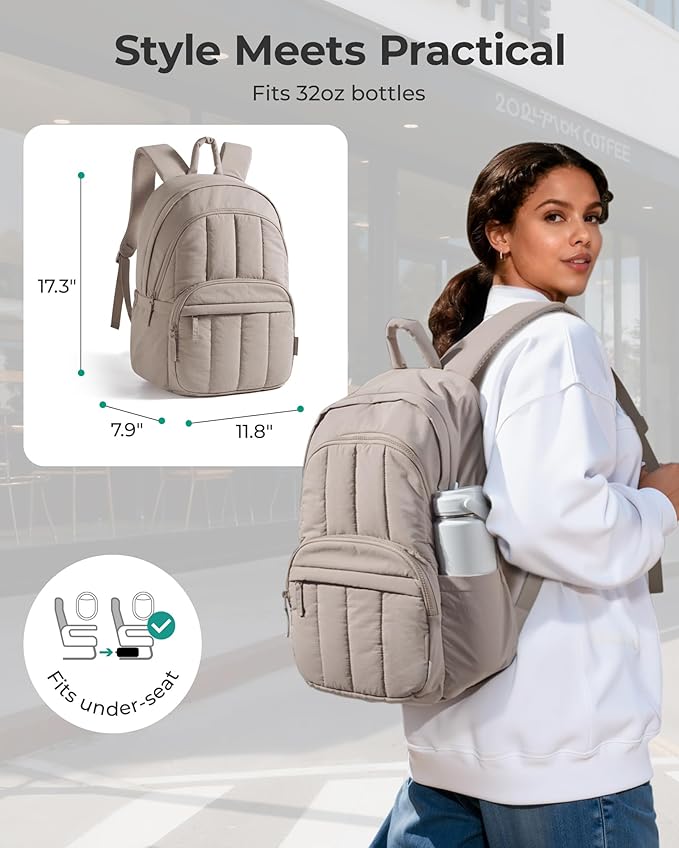 BAGSMAT Womens Backpack Travel Laptop Backpack for Women, Quilted College Laptop Bookbag, Work Back Pack for Women, Cute Computer Water-Resistant Casual Daypack, Puffer Pink