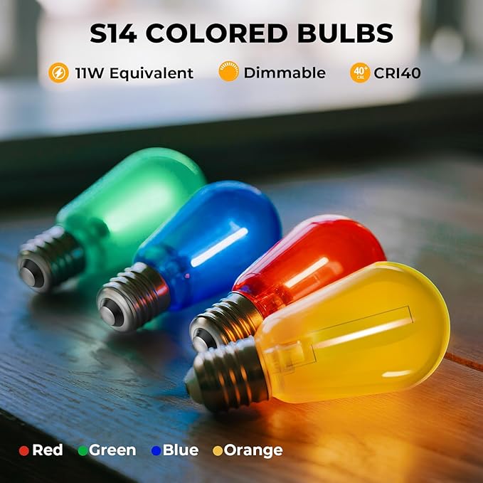 GvvooHome 24 Pack S14 Colored LED String Light Bulbs, 1W Plastic Shatterproof Replacement Bulbs for Outdoor Patio Backyard Lights, E26 Medium Base, Warm White 2200K, Dimmable, Red/Green/Blue/Orange