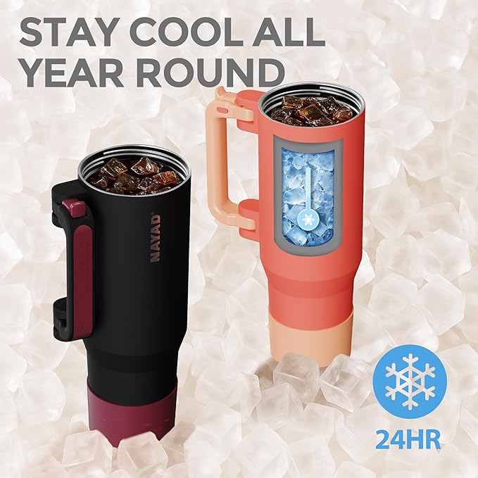 NAYAD 40oz Travel Tumbler with Handle and Straw|Cup Holder Friendly Insulated Stainless Steel Dual Straw-Sip Lid Folding Handle Cupholder Compatible for Travel or Gift| BPA-Free(Orange)